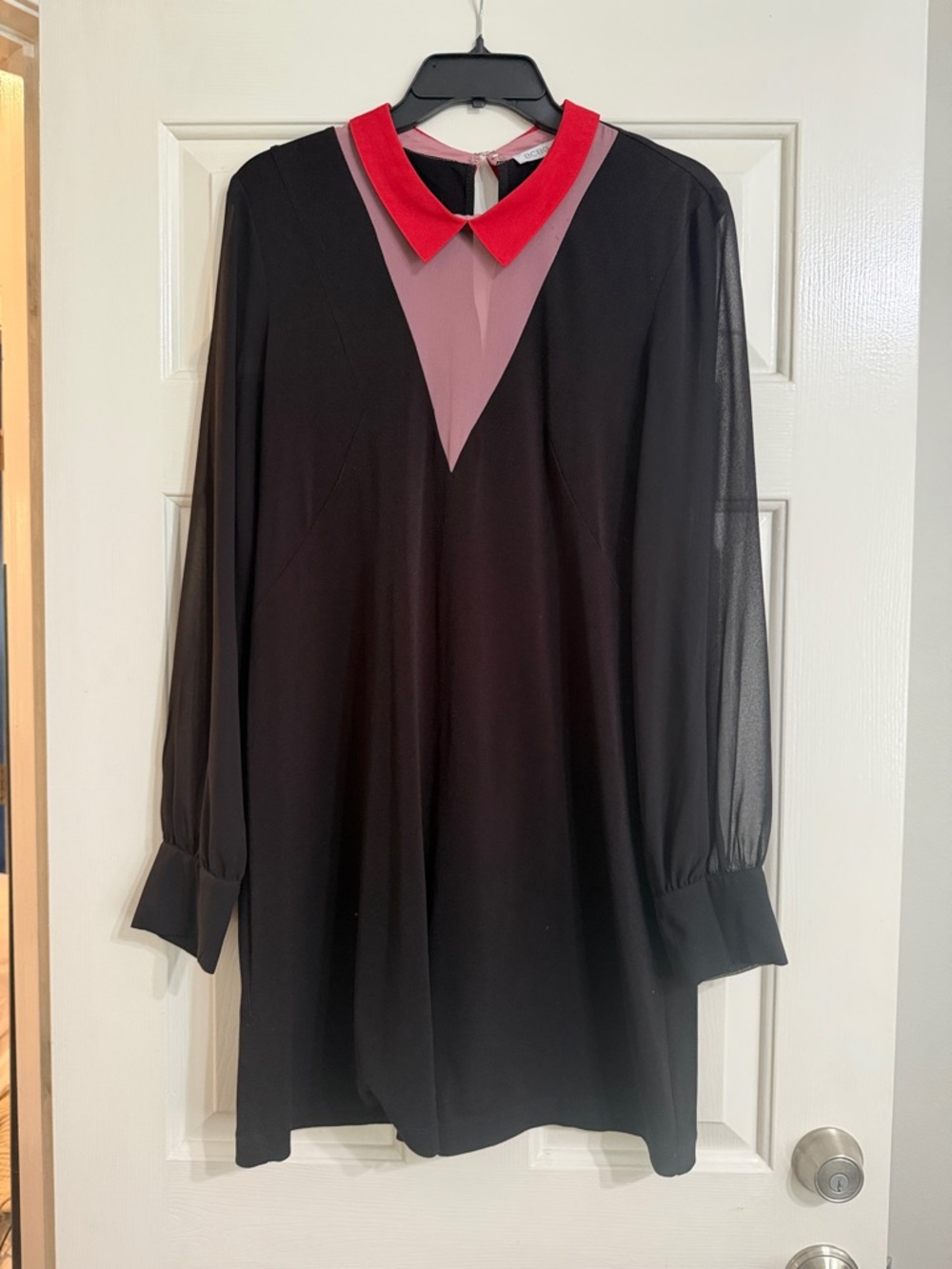 BCBG Black Sheer Long Sleeve Dress with Red Peter Pan Collar